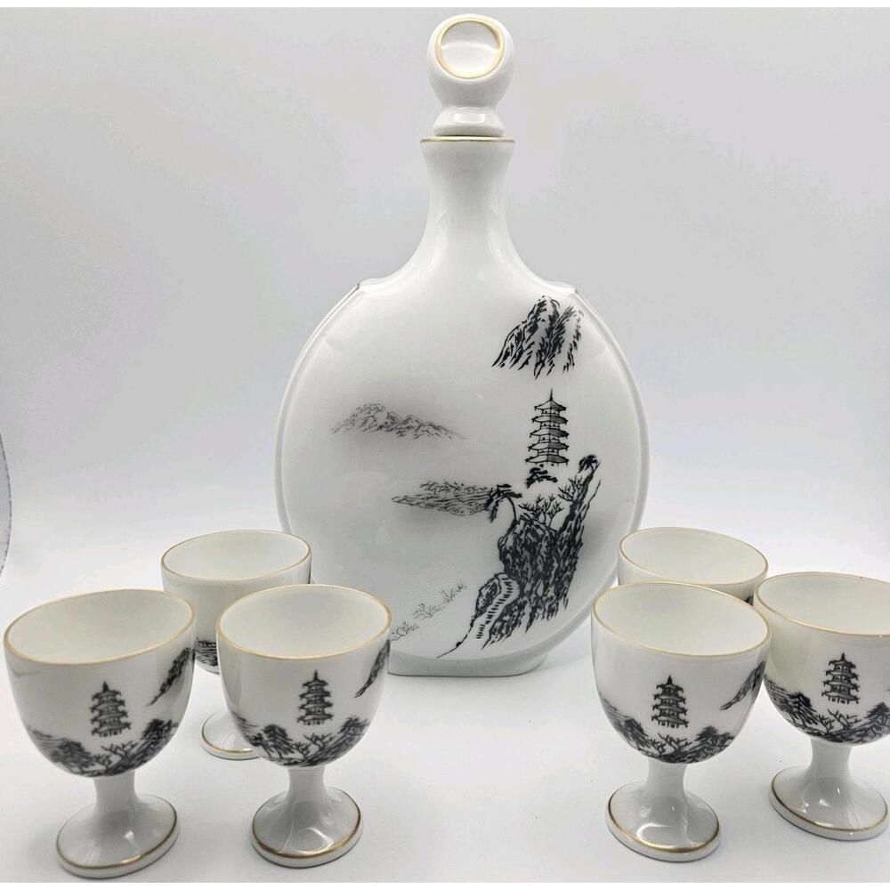 Rare! Fukagawa Arita Pagoda Pattern Carafe And 6 Sake Cups Pattern 903 Japan